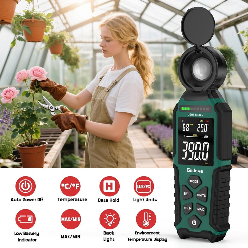 Gedaye Light Meter Lux Foot Candles Meter 0~400,000 Lux Range, Large Backlit Display, Light Meter for Plants Luxmeter Light Meter Digital Illuminance Meter Handheld - Image 3